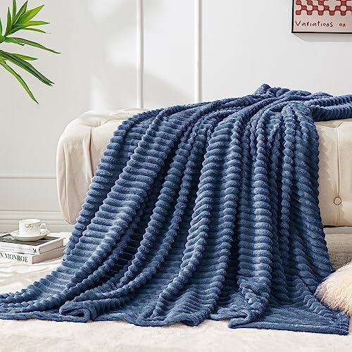 BEDELITE Fleece Throw Blanket for Couch – 3D Ribbed Jacquard Soft and Warm Decorative Fuzzy Blanket – Cozy, Fluffy, Plush Lightweight Navy Blue Throw Blankets for Bed, Sofa, 50x60 inches