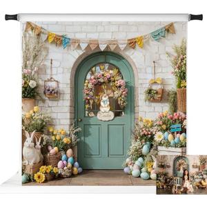 Kate Easter Photo Backdrops White Brick Wall Rabbit Eggs Background Door Party Banner Props, 10x10ft