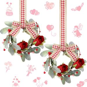 Syhood 2 Pieces 9" Mini Valentine Wreath for Front Door Small Valentine's Day Red Rose Wreath Decor for Kitchen Cabinet Porch Wall Window Chair(Red Rose Style)