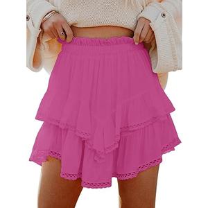 Flowy Shorts for Women Casual Boho Ruffle Tiered Skorts High Waist Mini Skirts Golf Tennis Going Out Trendy Shorts, XL, Pink Color