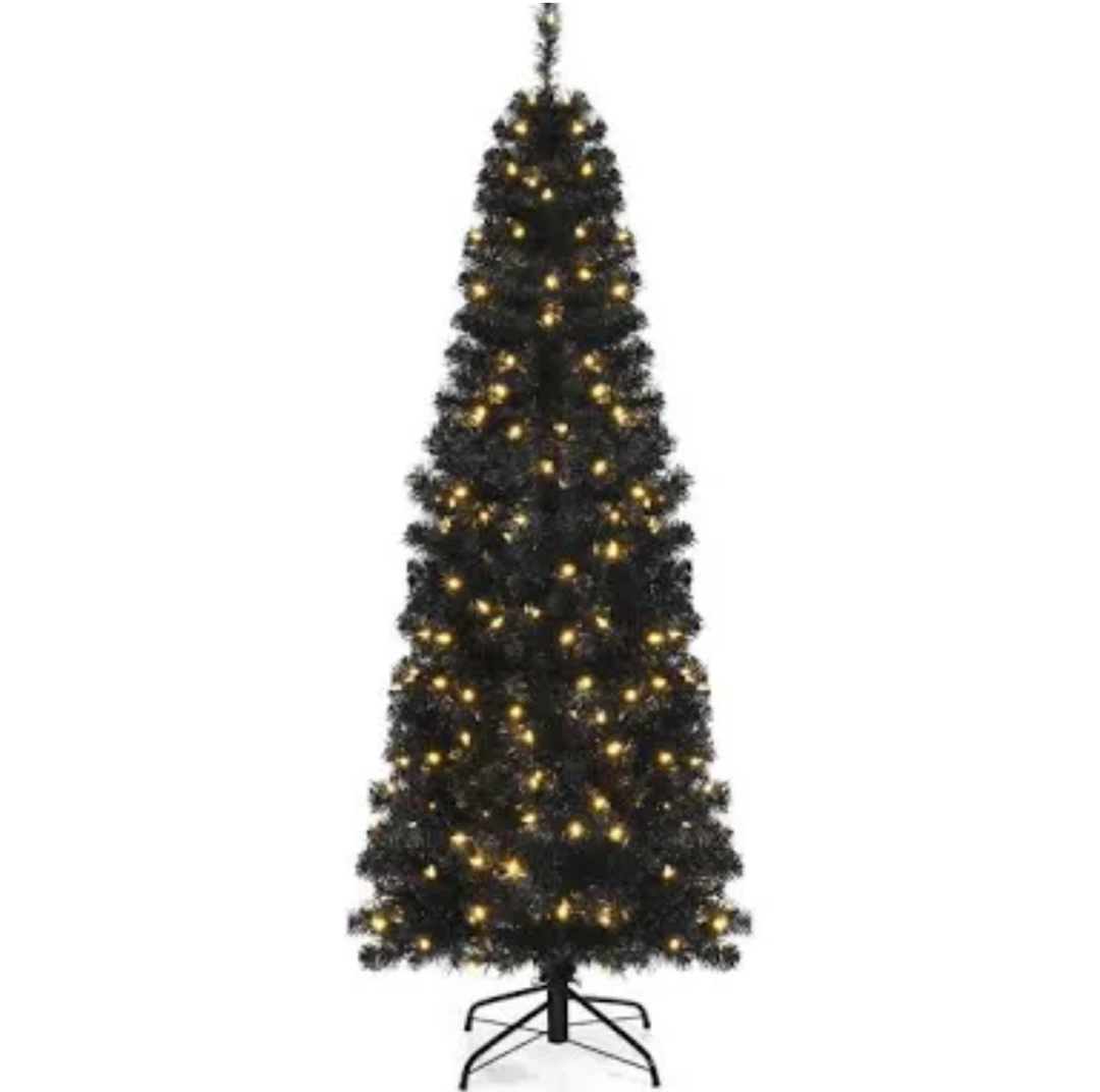 7ft Pre-lit PVC Christmas Pencil Tree Black w/ 350 LED Lights