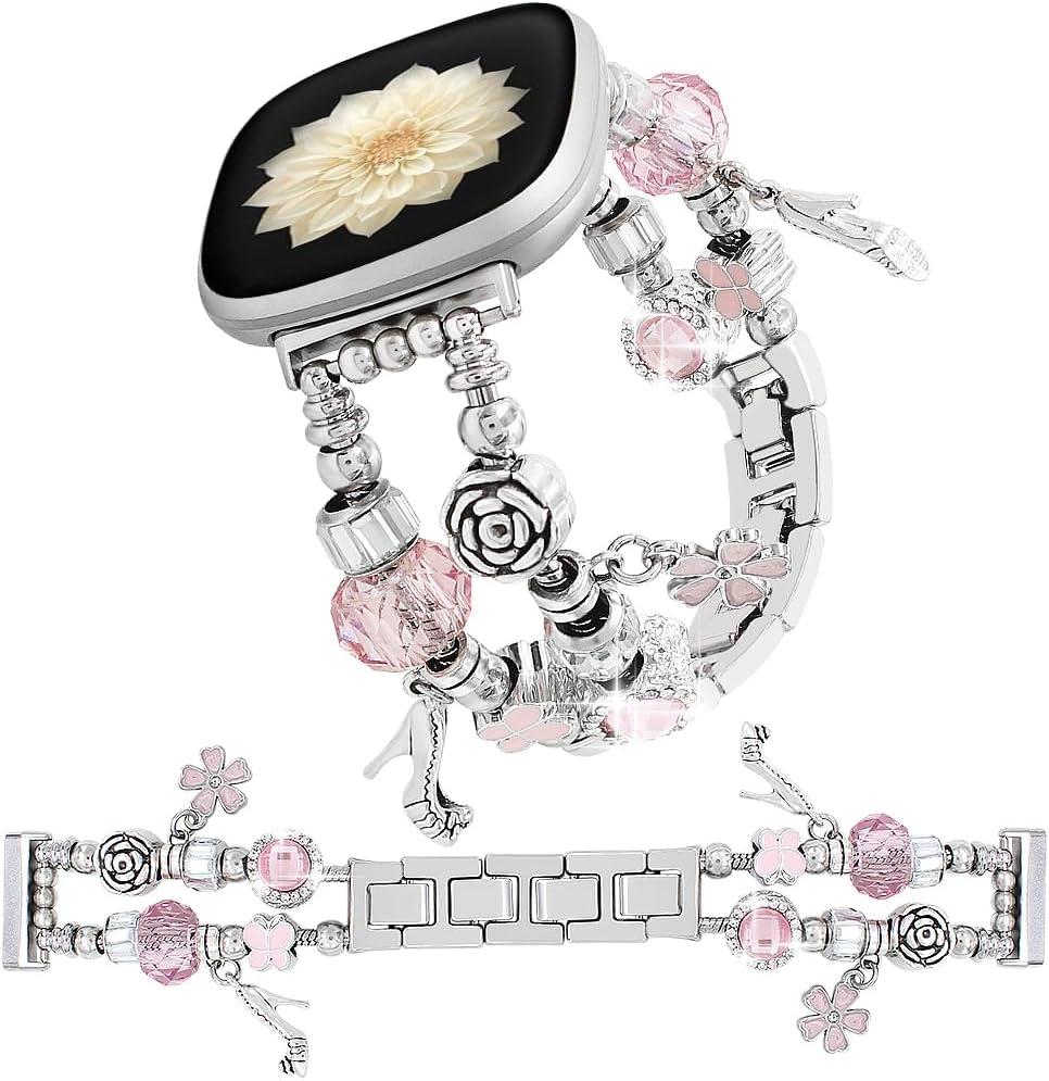 Gold Watch Bands Compatible with Fitbit Versa 4 /Versa 3/Fitbit Sense 2/Sense Bands Women, Unique Charms Chain Strap Pandora Bracelet Wristband for Versa 4 3 Sense 2 Smartwatch (Pink Flower+Silver)