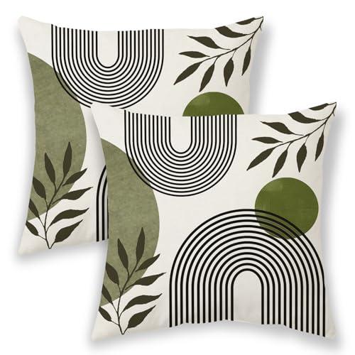 Boho Summer Pillow Covers 18x18 Inch 2 Pcs, Sage Green and Tropical Leaf Outdoor Decorative Throw Pillows, Mid Century Abstract Art Farmhouse Decor Pillowcase Linen Cushion Cover for Couch Sofa
