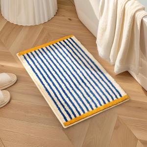 GIB Blue and White Striped Bathroom Rug Mat 24" x 16", Yellow Accent, Extra Soft Absorbent Non-Slip Washable Plush Fluffy Shaggy Microfiber Bath Mat for Bathroom Floor, Aesthetic Small Bedroom Rug