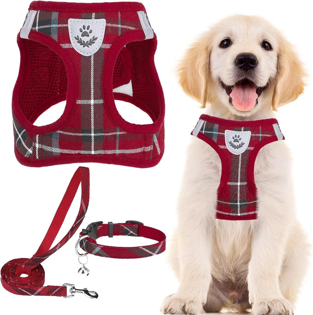 PUPTECK Adjustable Dog Harness Collar and Leash Set Step in No Pull Pet Harness for Small Medium Dogs Puppy and Cats Outdoor Walking Running, Soft Mesh Padded Reflective Vest Harnesses, Red S (S (CHEST 14.5"-16"))