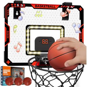 BATURU Over The Door Basketball Hoop for Kids  Indoor Basketball Toy with LED Scoreboard, Lights & Sound, Easy to Hang  Fun Gifts for Boys Ages 610 (Red)