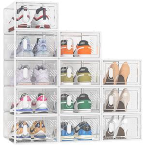Shoe Storage, 12 Pack Shoe Organizer for Closet, Shoe Boxes Clear Plastic Stackable Shoe Containers with Lids for Size 10 (Large, White)