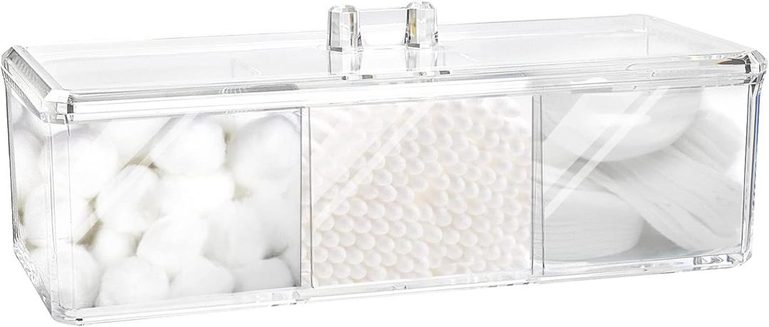 Square Qtip Holder Dispenser, 3-Compartment Cotton Ball & Pad Organizer, Clear Acrylic Containers with Lid for Bathroom Vanity