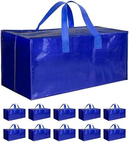 10 Pack Oversized Heavy Duty Moving Bags with Backpack Straps, Strong Handles & Zippers, Extra Large Storage Tote Moving Boxes for Space Saving, Blue