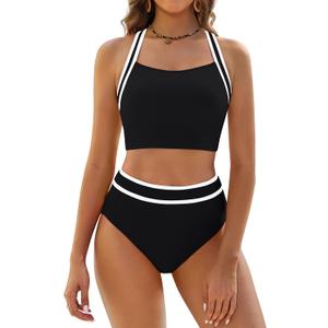 BMJL Women's High Waisted Bikini Sets Two Piece Swimsuits Sporty Tummy Control Bathing Suit Color Block Swim Suit (Black, M)