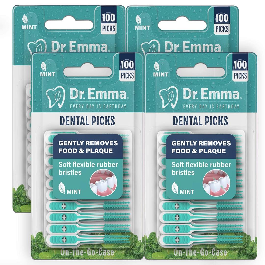Dr. Emma Soft Rubberized Dental Picks Mint Brush Picks, 100 Count (4 Packs, Mint)