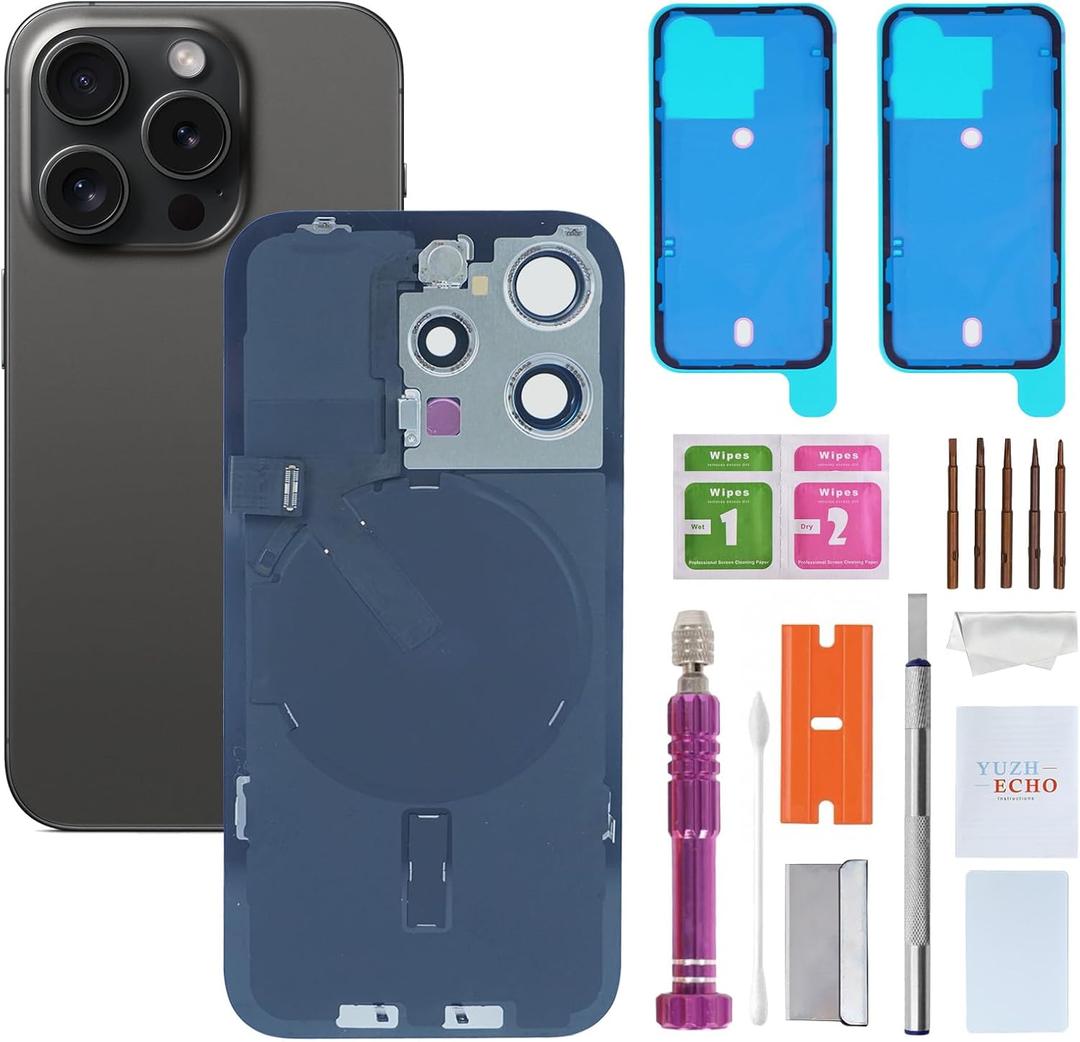 Back Glass Replacement for iPhone 15 Pro(6.1 inches,Black Titanium) Integrated Glass & Wireless Charging Repair Tools are Included