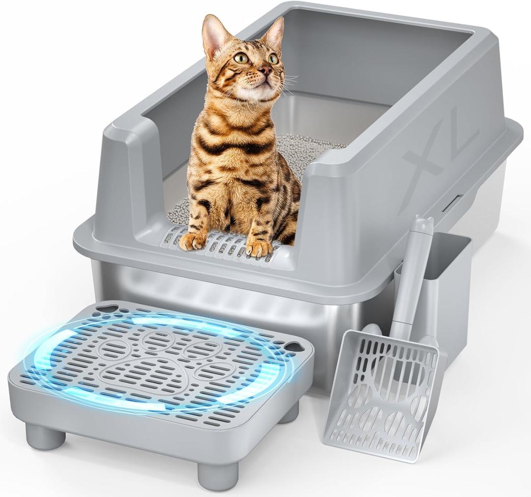 Stainless Steel Cat Litter Box with lid, Extra Large Metal Litter Box for Big Cats XL High-Sided Steel Litter Pan with Anti-Leakage Design, Odorless, Easy Clean, Includes Scoop (Gray) (Grey)