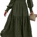 PRETTYGARDEN Women 2026 Spring Puff Long Sleeve Crewneck Smocked Maxi Dress Empire Waist Tiered A-line Swing Flowy Long Dress (L)