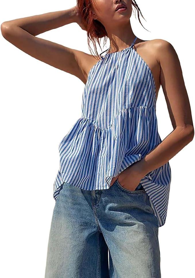Women’S Tank Tops Shoulder Stripe Sexy Backless Top With Ties Sleeveless Top Casual Sleeveless Backless Pleated Ruffle S
