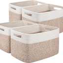 OIAHOMY 4 Pack Storage Baskets for Organizing, Basket for Shelves with Handle, Woven Baskets for Storage Toys, Towels, Books, Cotton Rope Basket 13" L x 9 " W x 7.8 " H, Brown & White