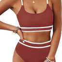 BMJL Women's High Waisted Bikini Ribbed Two Piece Swimsuit High Cut Color Block Adjustable Straps Bathing Suit (Medium, Brick Red043)