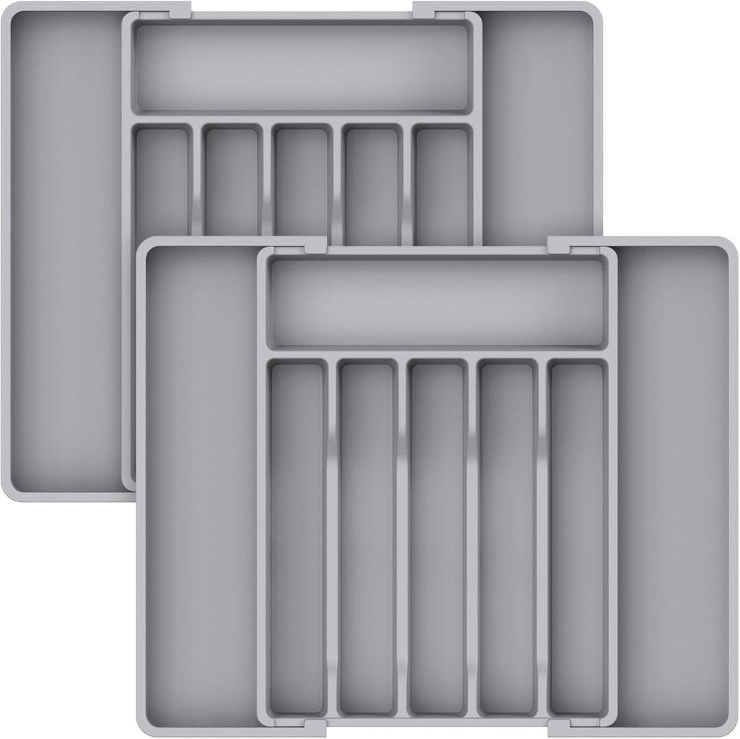 Lifewit Silverware Drawer Organizer, Expandable Utensil Tray for Kitchen, BPA Free Flatware and Cutlery Holder, Adjustable Plastic Storage for Spoons Forks Knives, 2 Pack, Grey (Gray)