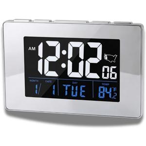 Atomic Digital Clock with Large White Numbers, AC Powered for Continuous Illumination, Alarm & Snooze, Date/Day/Indoor Temperature, USB Charging Port, Desk Clock for Office or Kitchen