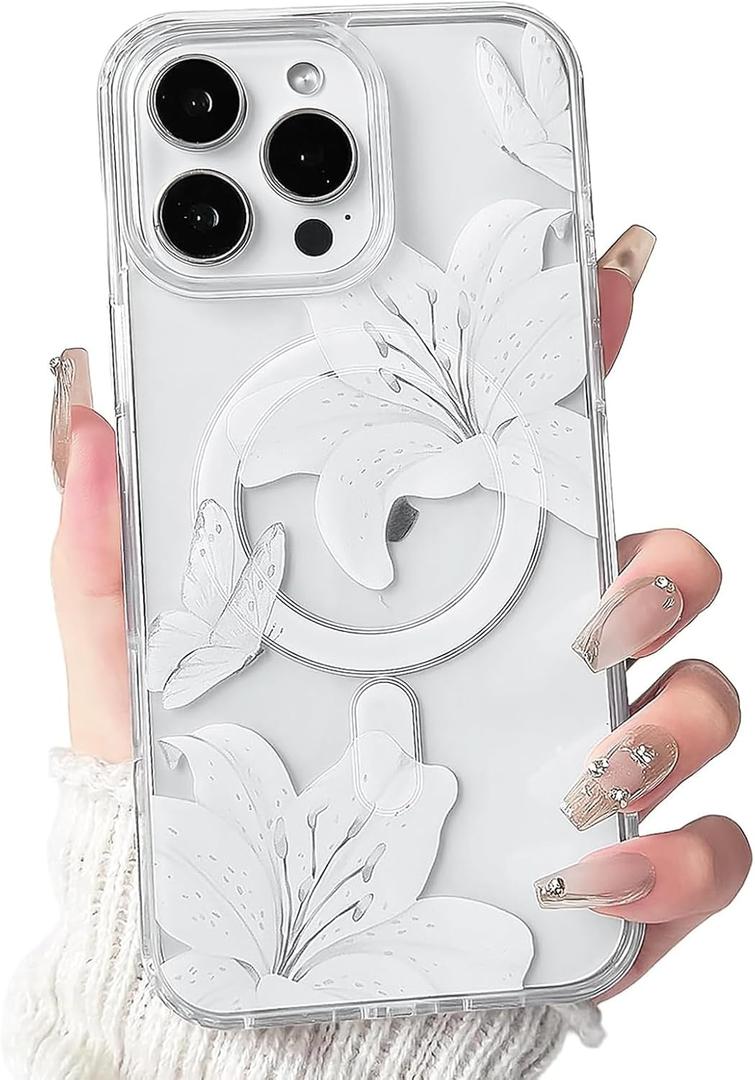 NITITOP Compatible with iPhone 16 Pro Max Case Clear Magnetic Compatible with MagSafe Cute Lily Flowers Floral for Women Girls Hard PC Back Shockproof Protective Phone Cover - White