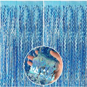Tinsel Foil Fringe Curtains Wavy Backdrop for Parties Sparkle Metallic Wavy Foil Fringe Backdrop Curtain for Party Decorations Photo Booth Props for Birthday Graduation Wedding (2 Pack, Light Blue)