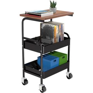 Rolling Cart with Wooden Tabletop, 3 Tier Metal Utility Cart, Rolling Storage Organizer Cart with Lockable Wheels for Kitchen, Office, Bedroom (Black) (11.8"D x 16.5"W x 29.2"H)