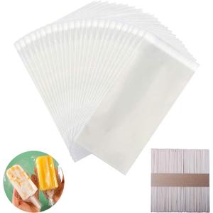 Miaowoof 200PCS Popsicle Sticks and 200PCS Bags, Ice Pop Sticks and Bags For Ice Cream, Self-adhesive Clear Popsicle Wrappers and Sticks (400 Piece Set)