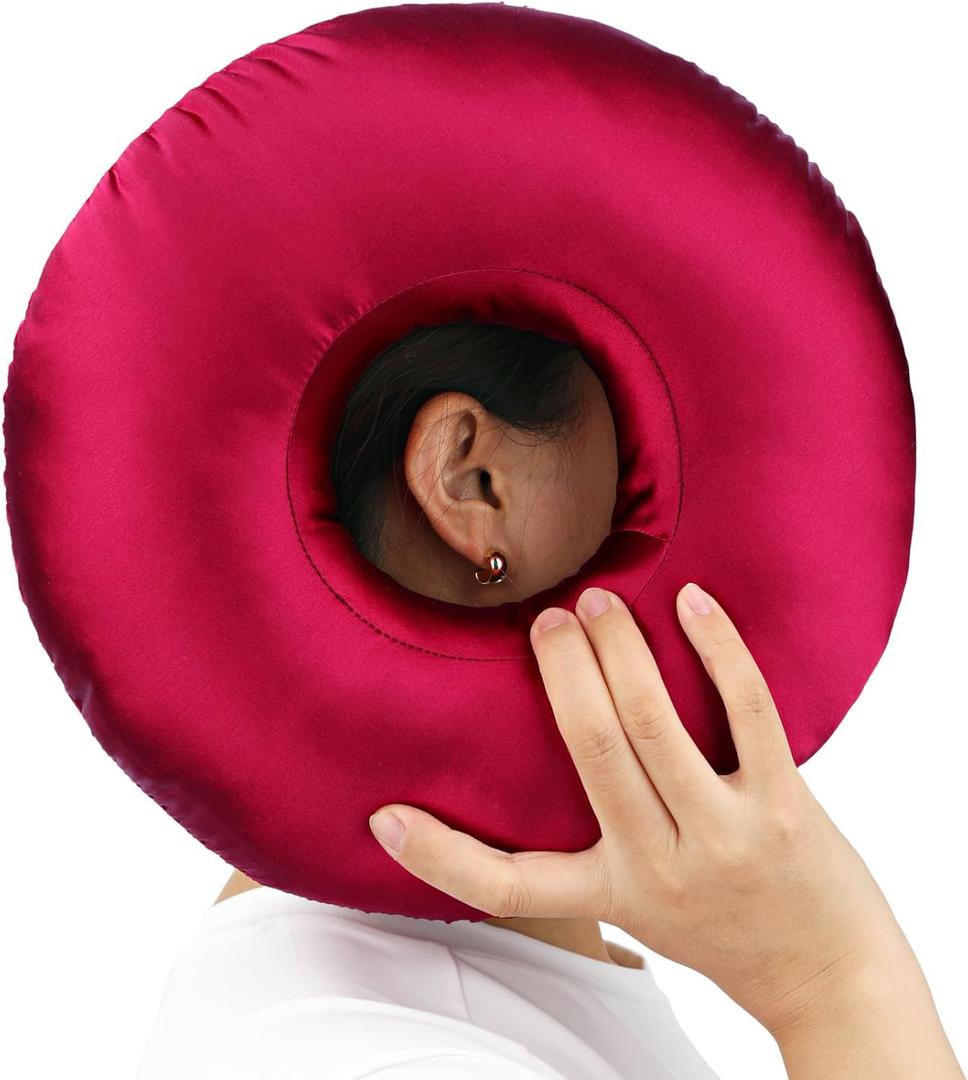 Silky Satin Piercing Pillow Ear Pillows Donut with Hole for Ear Pain CNH Piercing Pain Relief Sleeping Pressure Sore Side Sleepers Smooth Cooling Ear Guard Protector, Burgundy