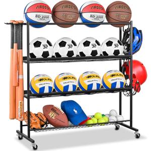 Mythinglogic Basketball Rack, Ball Storage with Baseball Bat Holder, Rolling Ball rack with Removable Nylon Mesh for Various Ball Sizes, Basketball Holder for Football Basketball Soccer Ball
