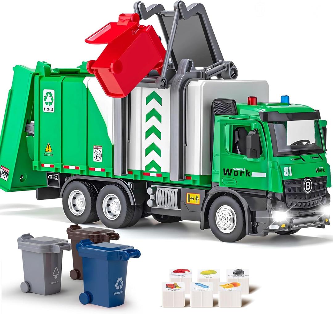 Side Loading Garbage Truck Toys Metal CAB, Trash Truck with Air-Pump Function, Lights & Sounds, Includes 4 Trash Bins, Learning Cards, Birthday Gift for Toddlers Kids 12"