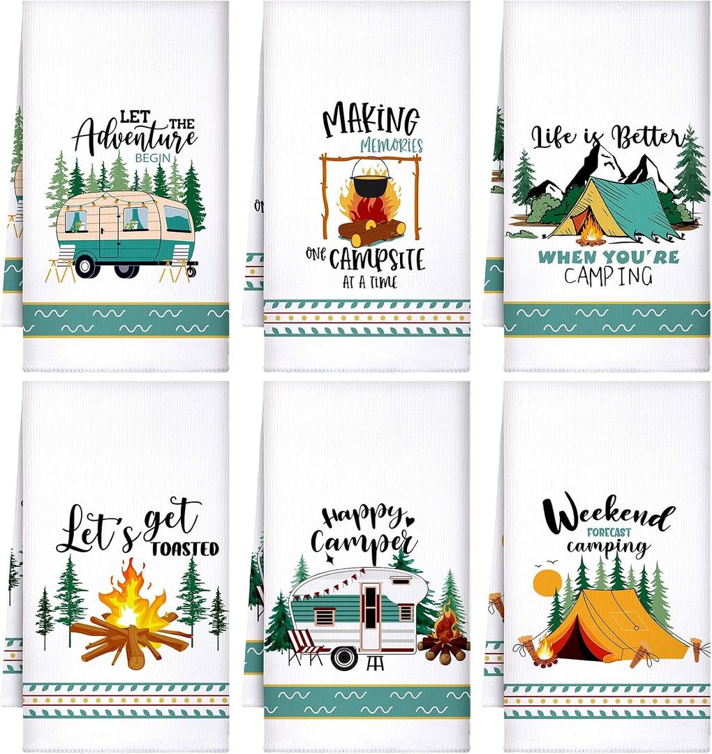 Boyiee Set of 6 Camping Kitchen Towels White Absorbent Dishcloth Bonfire Tent Car Tea Towels 24 x 16 Inches with Funny Sayings Novelty Gifts for Campers Happy Camper Camping Accessories for Rv Campers