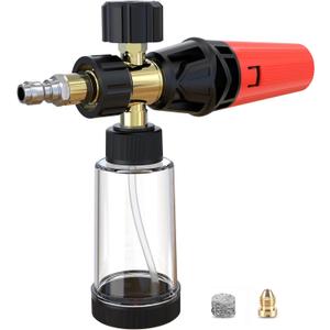 Foam Cannon Pro, Foam Cannon for Pressure Washer with 1/4" Quick Connector, Mini Soap Cannon with Adjustable Nozzle for car wash, Additional 1.1mm Orifice Nozzle (Black - Red)