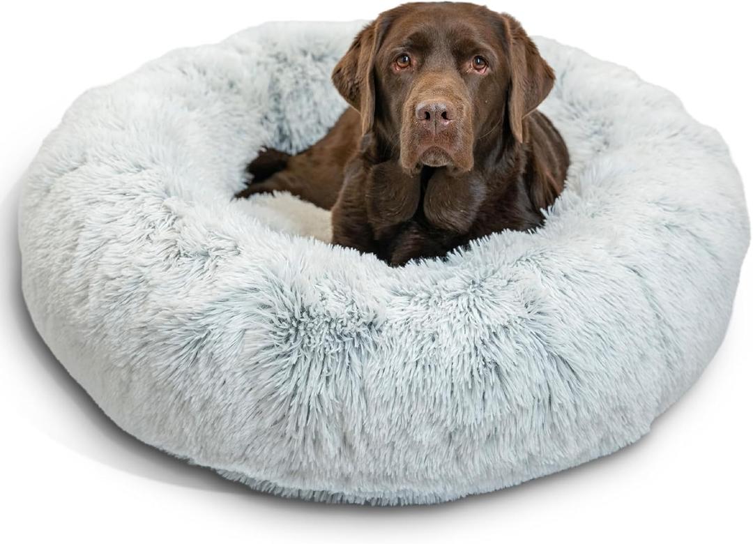 Best Friends by Sheri The Original Calming Donut Dog and Cat Bed in Shag Fur, Frost Gray, Large, 36x36 (36.0"L x 36.0"W x 9.0"Th, Frost Shag)