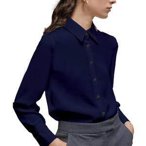 Women's Button Down Shirt Classic Long Sleeve Collared Tops Work Office Chiffon Blouse (Blue, L)