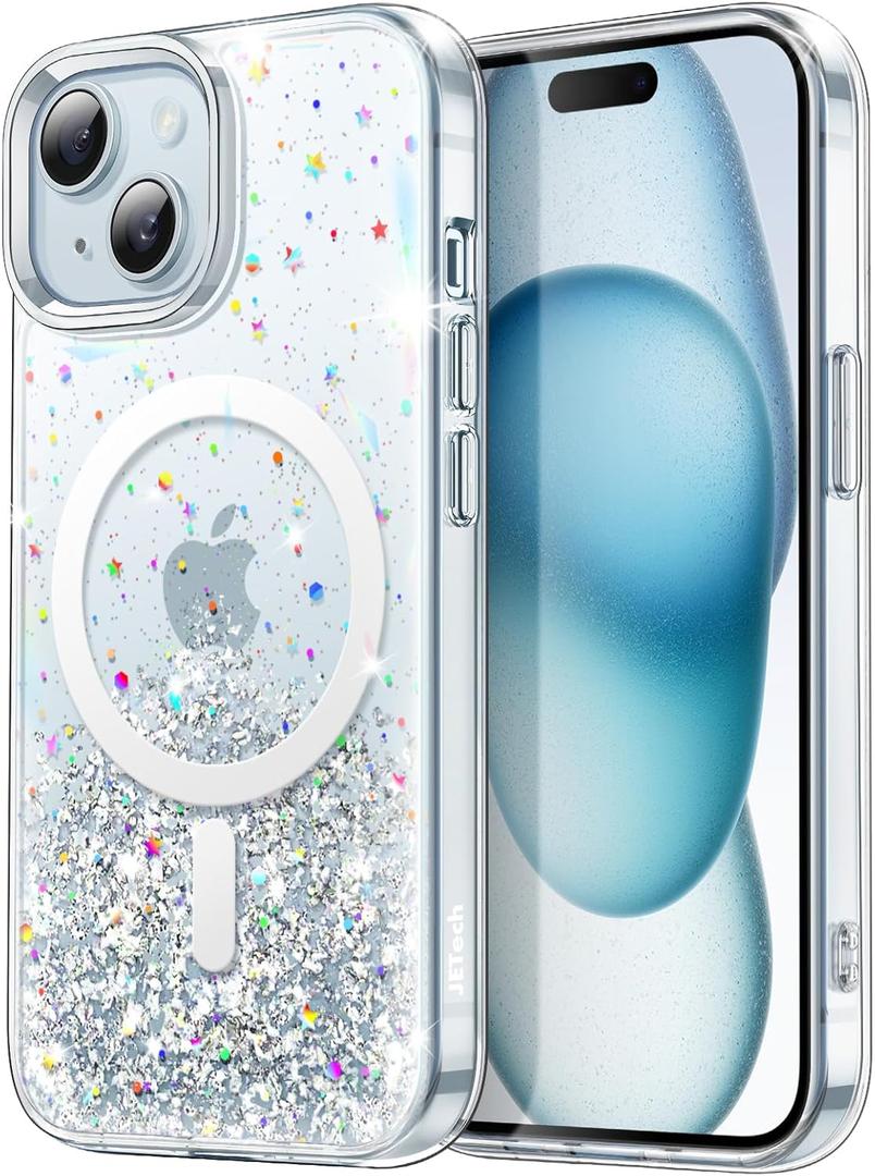 JETech Glitter Case for iPhone 15 6.1-Inch Compatible with MagSafe, Clear Cute Bling Sparkle for Women and Girls, Shiny Shockproof Magnetic Sparkly Phone Cover (Clear)