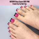 Toe Nail Tips Press on Black French Tip,ROSE PINK, Long/Medium Wide Fake Toenails,Full Cover Sharp Square Pre-Designed Soft Gel False Toenail Acrylic Extension for DIY 15 Sizes 240 pcs