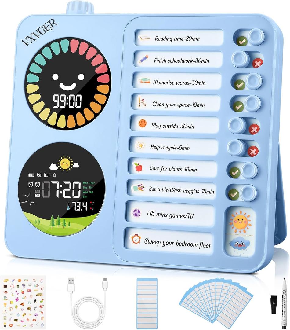 Visual Timer for Kids/ADHD - Dual Color Screen with Temperature Sensor, 20 Task Cards, 99-Min Day/Night Mode Timer, Dual Alarms & Rechargeable Clock for Homework (Pink)