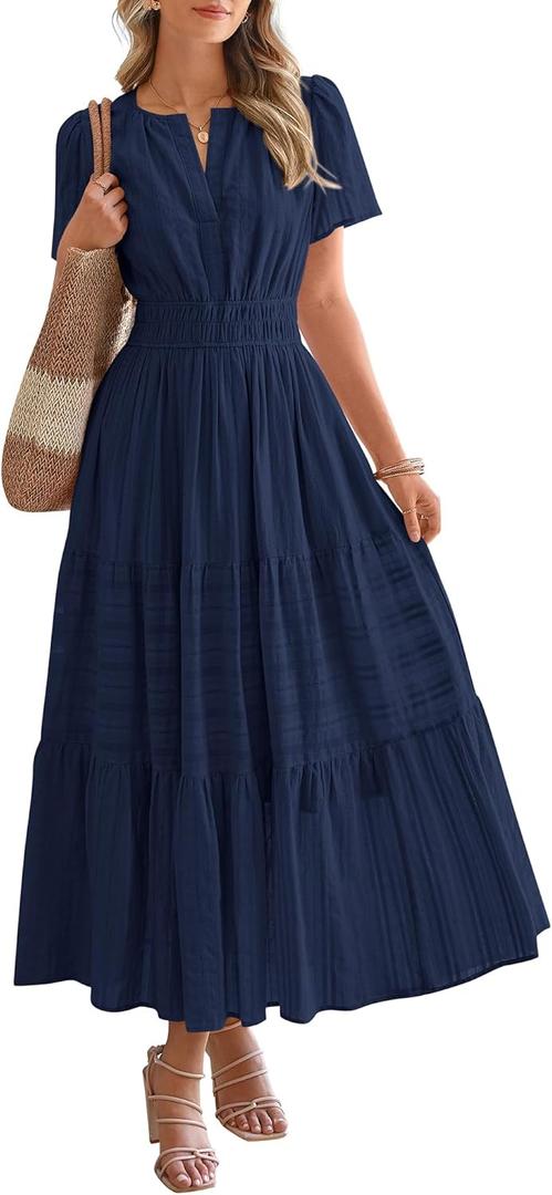 BTFBM Womens Summer 2025 Casual Midi Maxi Dresses Lightweight Short Sleeve V Neck Elastic Waist Boho Beach Dress Pockets (Small)