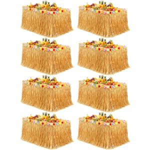 Fovths 8 Pack Luau Grass Table Skirt 9 Feet x 29.5 Inch Hawaiian Grass Table Skirt with Flowers Natural Hawaiian Party Decorations for Luau Birthday Summer Beach Party Supplies, Dark Straw Yellow