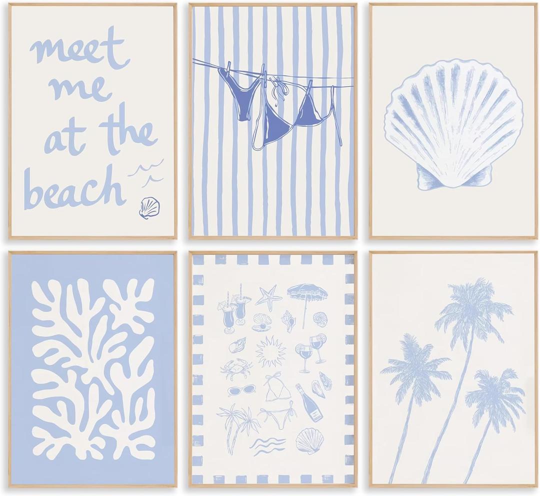 6Pcs Coastal Granddaughter Wall Art Blue Shell Bikini Wall Decor Starfish Palm Tree Poster Prints Artwork Meet Me At The Beach Preppy Aesthetic for Girly Room Dorm Apartment Home Decoration (10L"X8W")