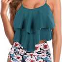Womens Tankini Swimsuits Ruffled Tank Top Tummy Control Floral Modest Swimwear High Waisted Bikini (Large, Turquoise)