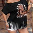 Women's Plus Size Off Shoulder Tops Cowgirls Graphic Tees Short Sleeve Fringe Tassel T Shirts (Black, XL)