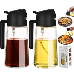 2 Pack Oil Dispenser Bottle for Kitchen,2 in 1 Oil Dispenser and Oil Sprayer,16.5oz/470ML Glass Spray Bottle with Premium Nozzle,Air Fryer Accessories for kitchen,Salad,Baking,BBQ,Frying (Black)
