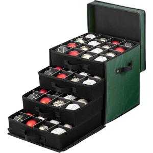 ZOBER Christmas Ornament Storage Box - Stores 64 3" Ornaments with Drawer Style Trays - Tear Proof 600D Oxford Fabric - Ornament Organizer Storage Box, Durable Christmas Containers Holder - Green
