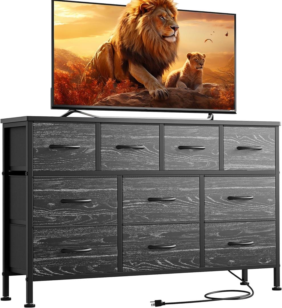 Lulive Dresser for Bedroom 10 Drawer Dresser TV Stand with Power Outlet, Entertainment Center Chest of Drawers for 55 Inch TV, Black Fabric for Bedroom Living Room Hallway Closets (Black Wood Grain) Lulive Dresser for Bedroom 10 Drawer Dresser TV Stand with Power Outlet, Entertainment Center Chest of Drawers for 55 Inch TV, Black Fabric for Bedroom Living Room Hallway Closets (Black Wood Grain)