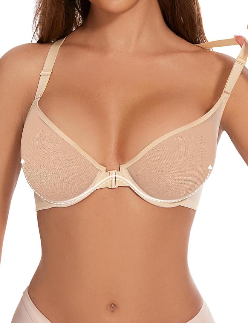 YANDW Sexy Womens Mesh Front Closure Racerback Bras for Women See Through Plunge Non Padded Unlined Sheer Demi Bra Underwire (36C, Nude)