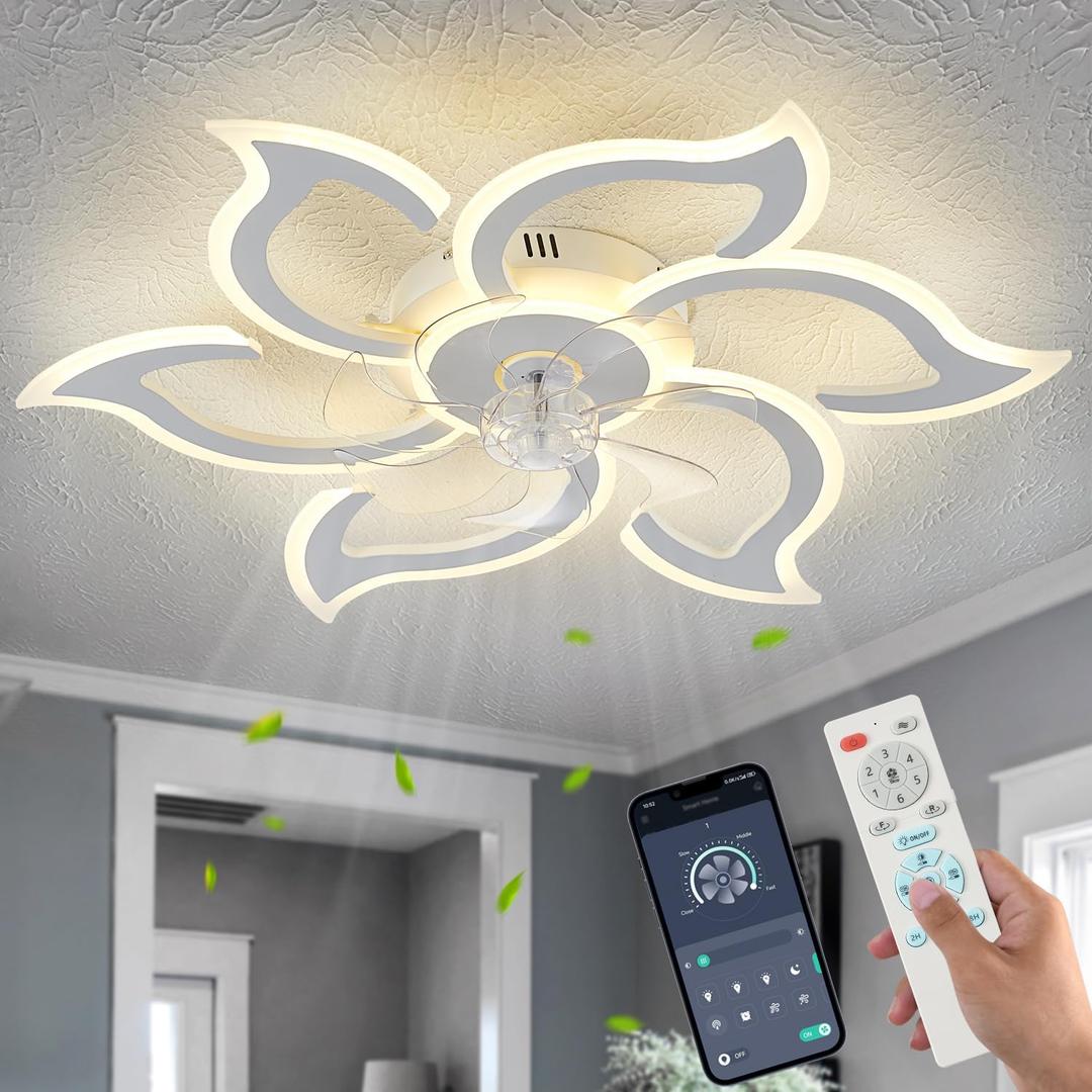 Flower Ceiling Fans with Lights and Remote, 33.5 Inch Modern Low Profile Flush Mount Ceiling Fan, Dimmable LED Ceiling Light Fixture, Small Ceiling Fans for Bedroom, Kitchen, Indoor-White