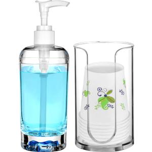 Mouthwash Dispenser for Bathroom Plastic Refillable Mouthwash Dispenser with Paper Cup Holder Clear Mouth Wash Pump Bottle for Guest Bathroom, Lavatory, Cupboard, Countertop (1 Set)