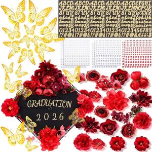 Hoteam DIY Graduation Cap Decorations Kit Included Faux Flowers 3D Butterfly Self Adhesive Rhinestones Glitter Alphabet Letter Stickers for 2026 Grad Cap Topper Party Gifts Decor(Red)