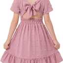 Noubeau Girls Summer Dress Tween Kids Short Sleeve Tie Back Off Shoulder Elegant Dresses 13-14 Years (Pink)
